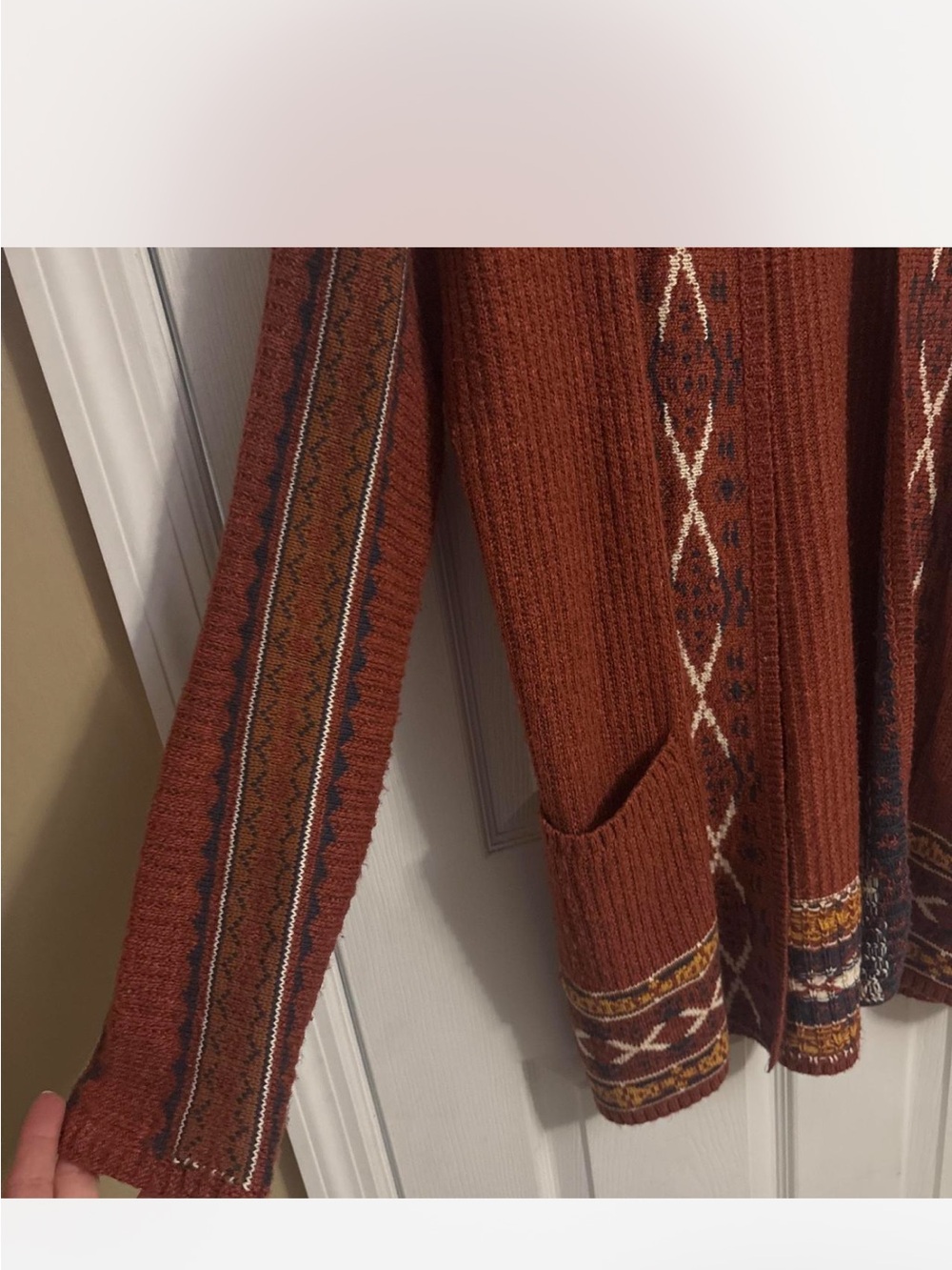Lucky Brand Rust Brown Open Aztec-Trim Cardigan - Picture 3 of 5